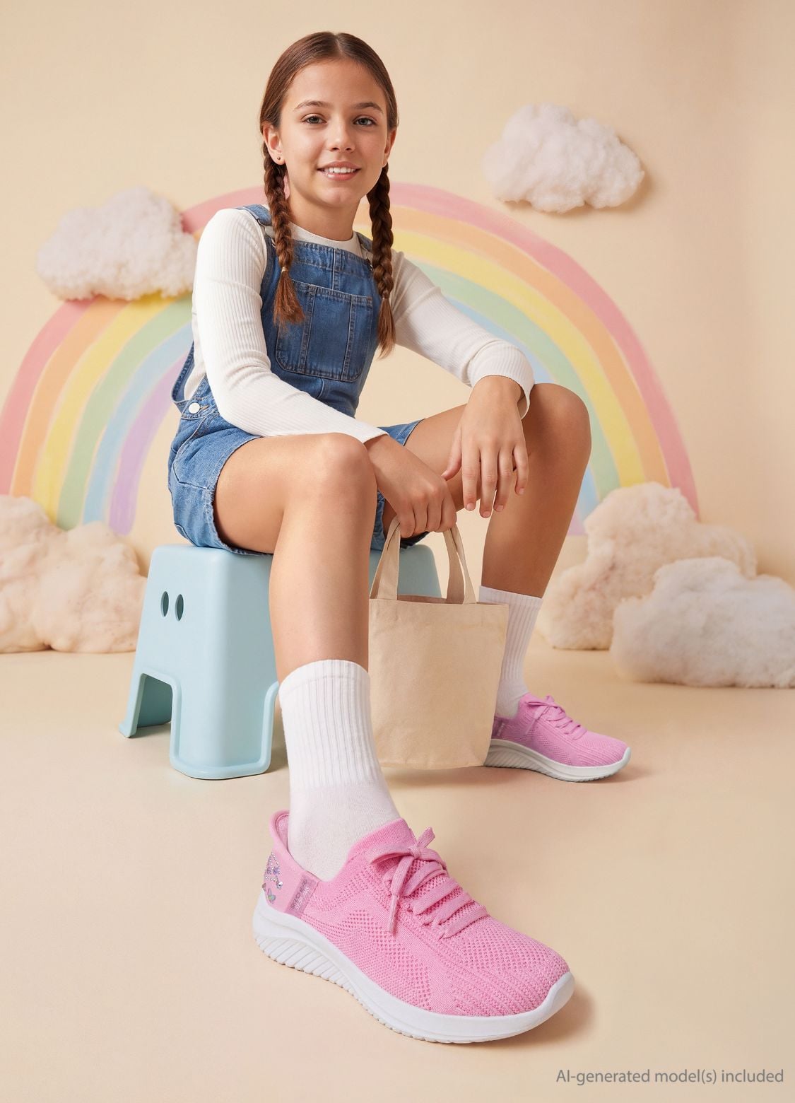 girl sitting with skechers pink shoe
